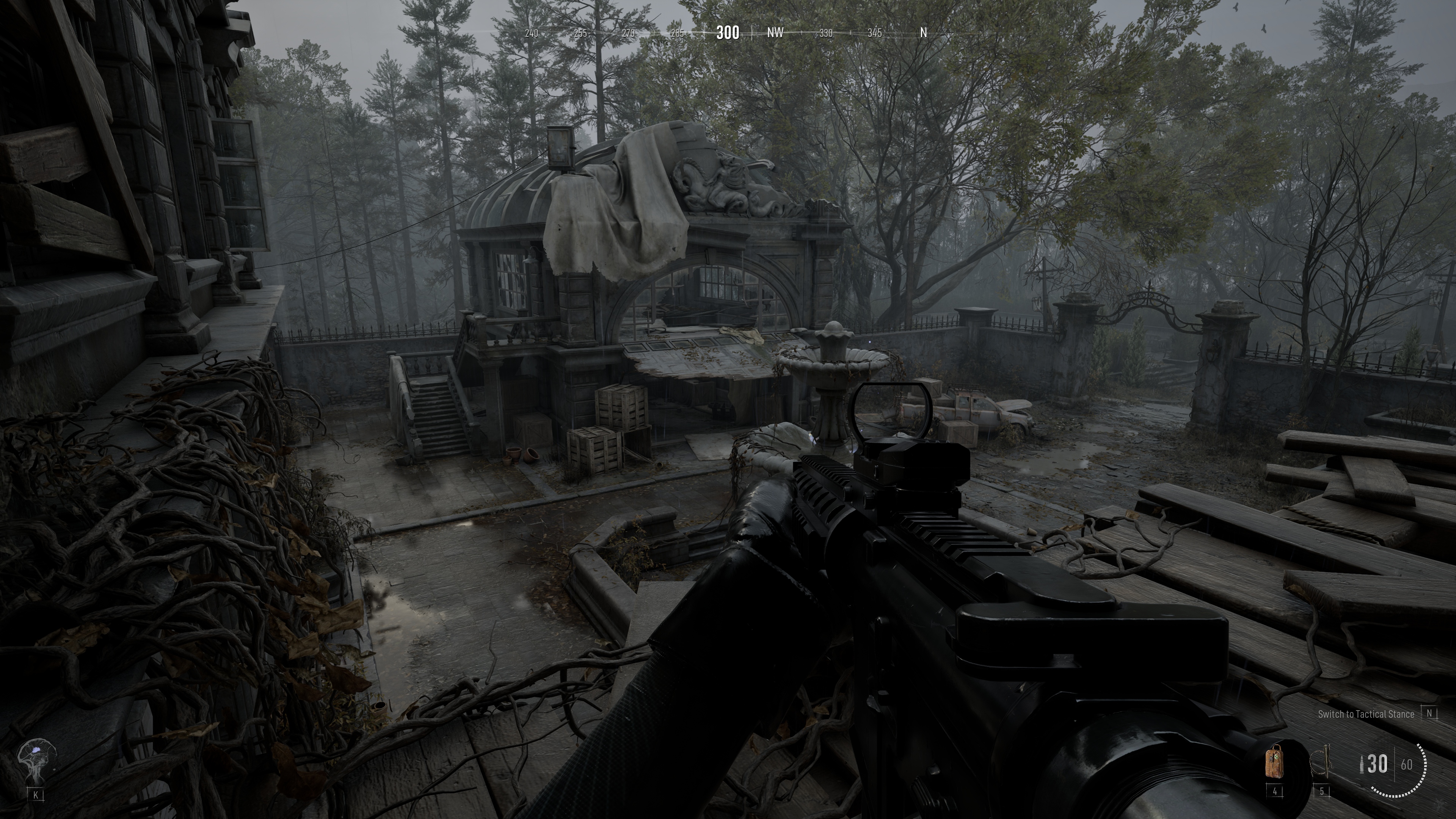 A Project Spectrum pointing an assault rifle at the courtyard of a mansion, looking for a target