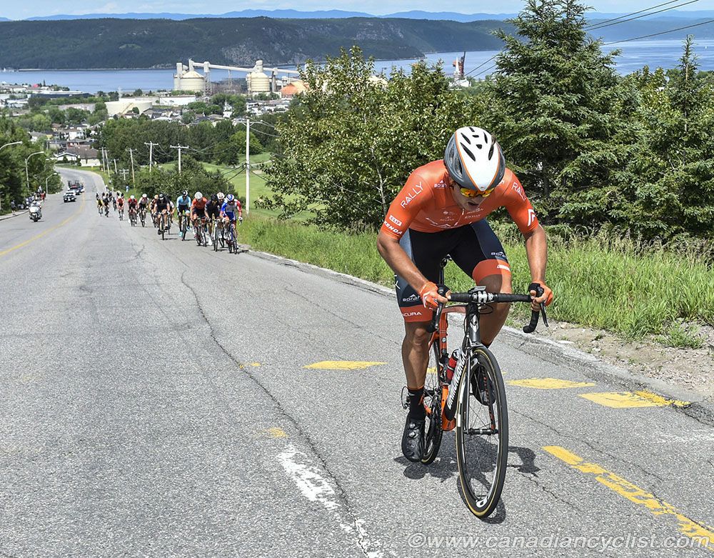 Nigel Ellsay (Rally Cycling) attacks and opens a gap on the climb