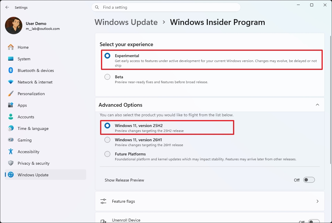 Settings window showing Windows Insider Program options. "Experimental" experience and "Windows 11, version 25H2" are selected. User details visible.
