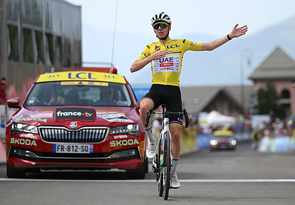VALMEINIER 1800, FRANCE - JUNE 14: Tadej Pogacar of Slovenia and UAE Team Emirates - XRG - Yellow Leader Jersey celebrates at finish line as stage winner during the 77th Criterium du Dauphine 2025, Stage 7 a 131.6km stage from Grand-Algueblanche to Valmeinier 1800 (1830m) / #UCIWT / on June 14, 2025 in Valmeinier 1800, France. (Photo by Dario Belingheri/Getty Images)