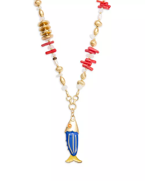 Blue Fish Beaded Chain Pendant Necklace, 18" - Exclusive