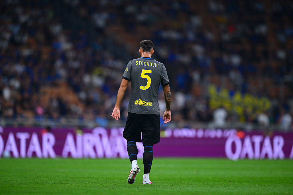 Aleksandar Stankovic of FC Internazionale in action during the Serie A match between FC Internazionale and Udinese Calcio at Stadio Giuseppe Meazza on September 14, 2026 in Milan, Italy.