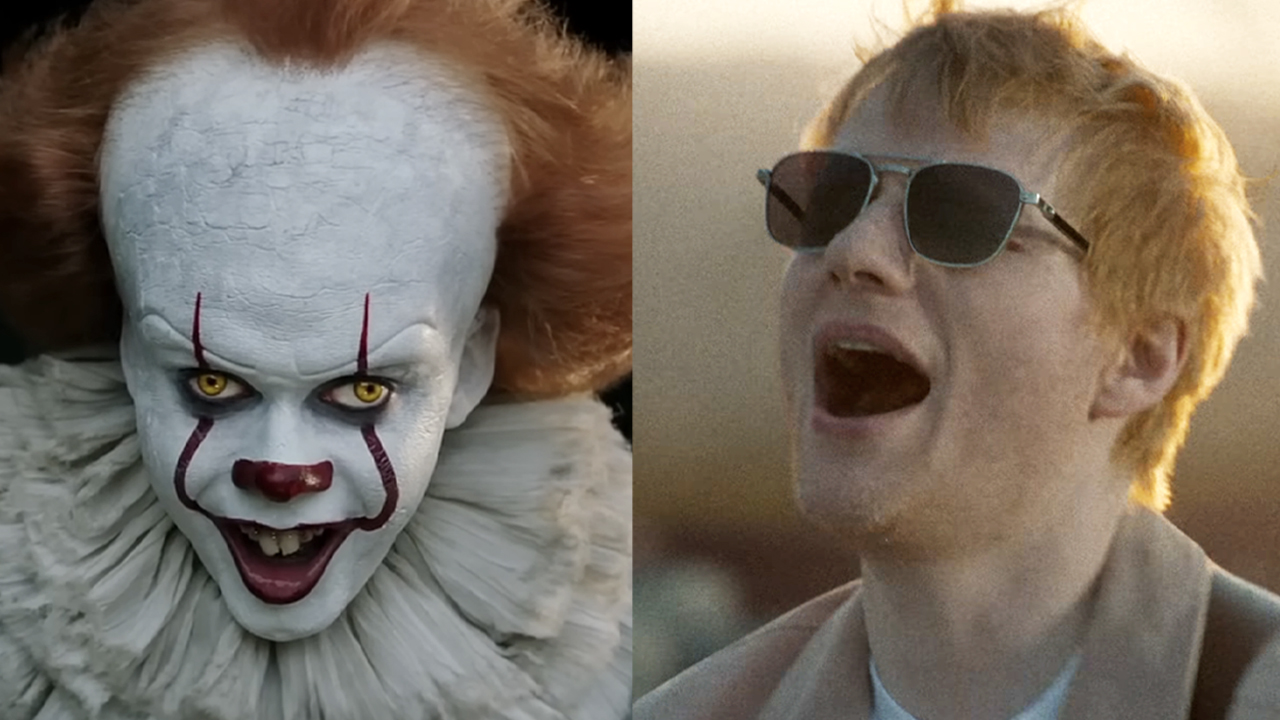 Pennywise as he appears in IT: Chapter 1, Ed Sheeran singing in the music video to "Drive," from the F1 soundtrack.