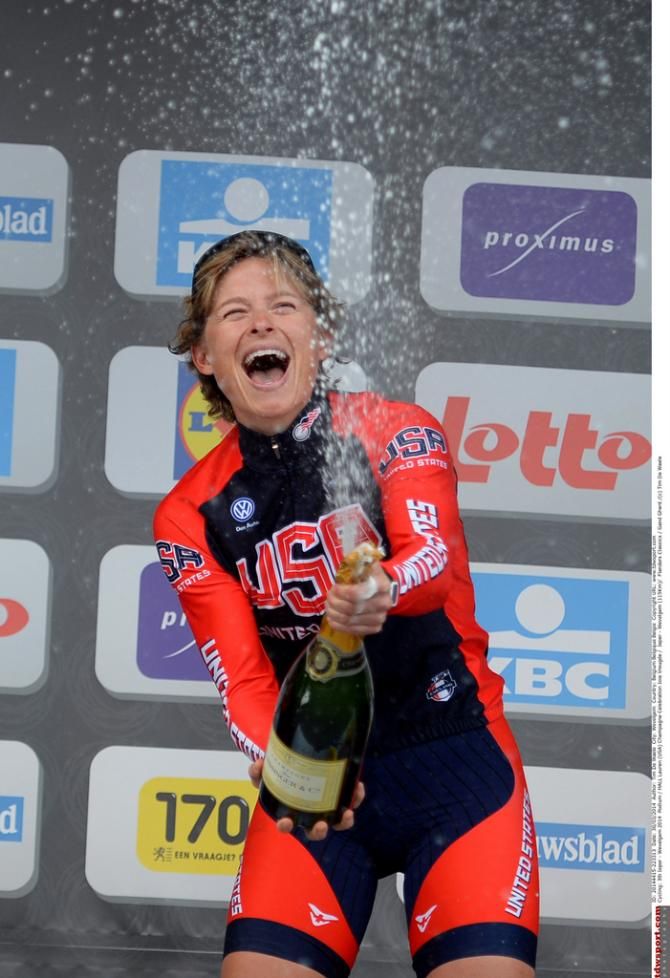 Lauren Hall (USA) gives the crowd a good spray