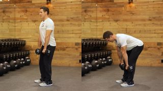 Don Saladino demonstrates two positions of the Romanian deadlift with dumbbells