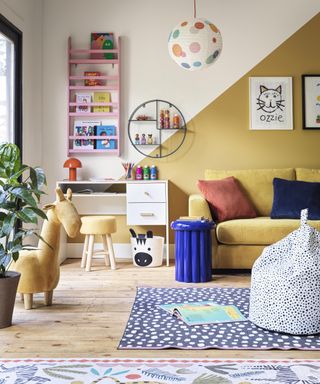 Bright yellow pop up play area in living room designed by Habitat