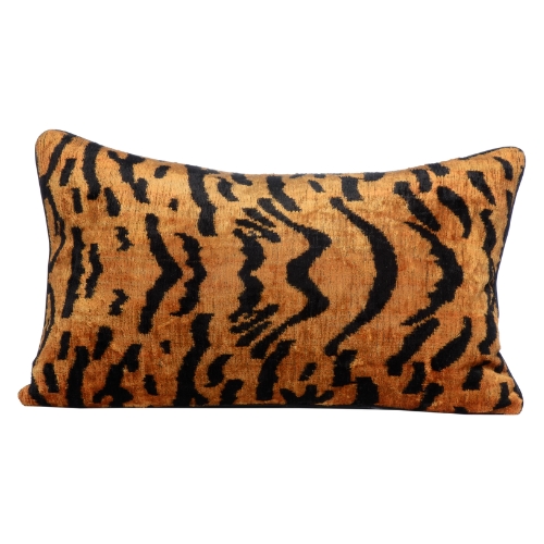 Hand-Woven Silk Velvet Ikat Cushion - Tiger Print