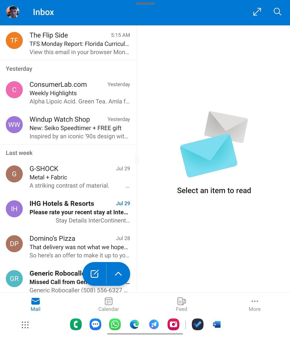 Outlook on the Samsung Galaxy Z Fold 5.