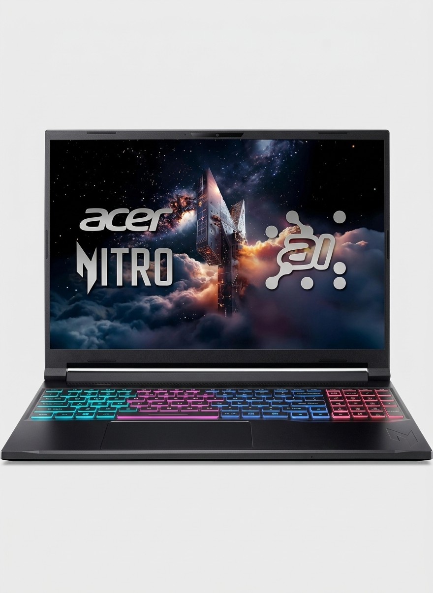 An Acer Nitro V16 gaming laptop on a grey background