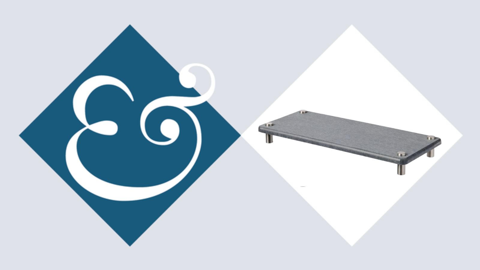 Gray Joie stone sink caddy from Aldi on a blue and white Homes &amp; Gardens ampersand logo background with teal and white diamond template