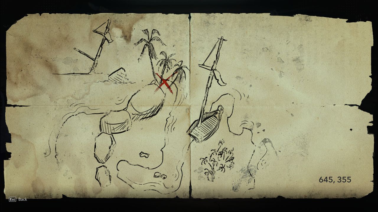 Black Flag treasure maps: A hand-drawn map leading to buried treasure.