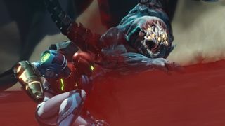 Samus fighting a large enemy, standing on a swirling red-dusty floor
