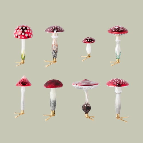 ABASK, Fairytale Mushrooms Hand-Blown Glass Clip-On Tree Decorations (set of 8)