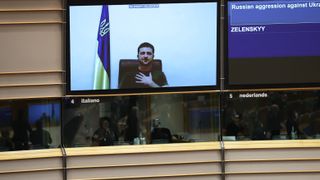 Ukrainian President Volodymyr Zelensky addresses the European Parliament