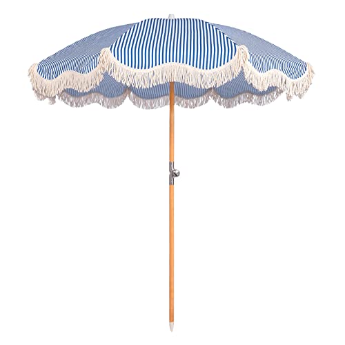 Mansader 2m Boho Beach Umbrella With Fringe, Upf 50+ Tassel Umbrellas With Carry Bag, Premium Wood Pole Foldable Patio Umbrella for Outdoor Garden Lawn Pool Yard Table Blue