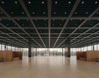 dramatic grid ceiling a Neue Nationalgalerie refurbishment by David Chipperfield in Berlin