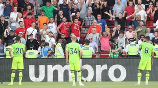 Manchester United fans shout abuse at their team during the Premier League match between Brentford FC and Manchester United at Brentford Community Stadium on August 13, 2022 in Brentford, United Kingdom