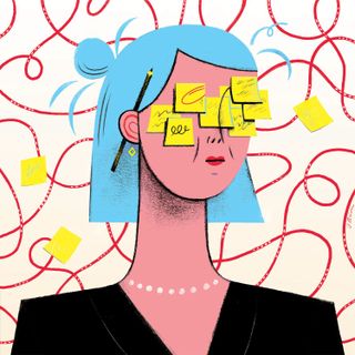 Cartoon image of woman with sticky notes attached to her face