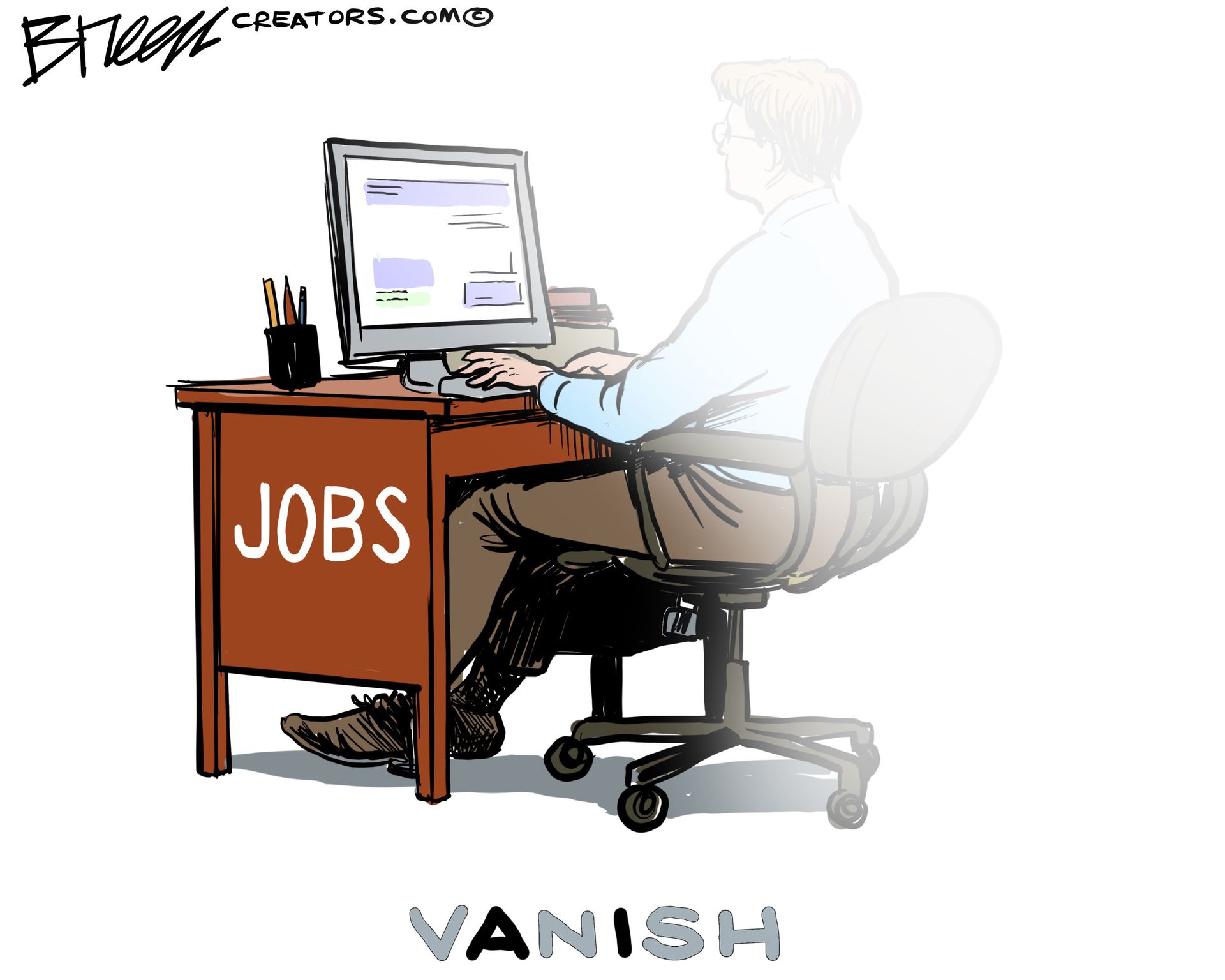 
                                A man sits at a desk labelled “JOBS” and works on a computer. The artist has drawn this image in such a way that it is slowly fading away. The cartoon is titled “VANISH” and some of the letters are too fading away so that only the “AI” in the word remains.
                            