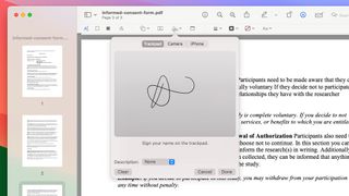 Signing a PDF document with a signature created using a Mac trackpad in macOS.