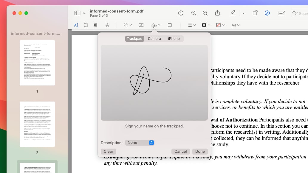 Signing a PDF document with a signature created using a Mac trackpad in macOS.