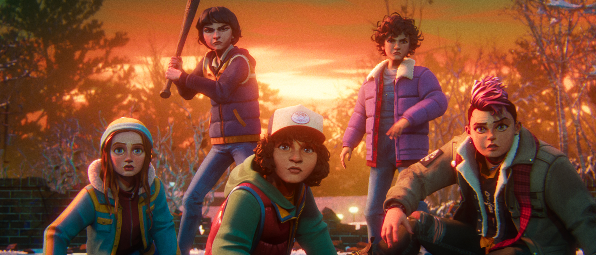 Max, Dustin, and Nikki kneeling or squatting on the floor, while Mike holds a baseball bat and Eleven stands next to him in Stranger Things: Tales From 85