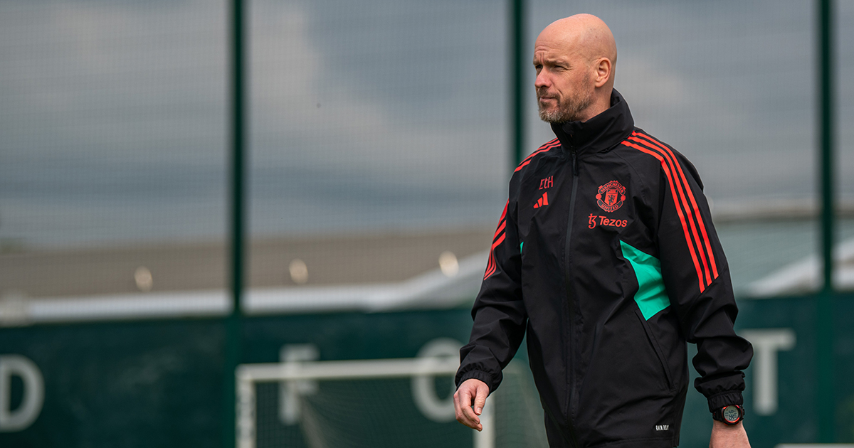 Manchester United manager Erik ten Hag looks on during a first team training session at Carrington Training Ground on May 23, 2023 in Manchester, England.