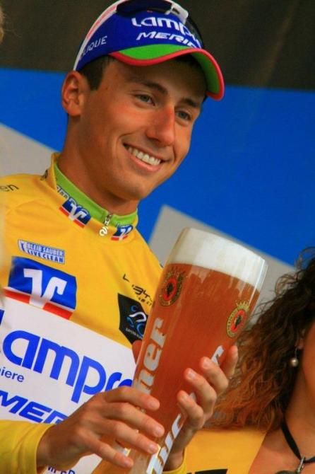 Just a small glass of Bavarian beer for the day's winner and tour leader Adriano Malori (Lampre-Merida)
