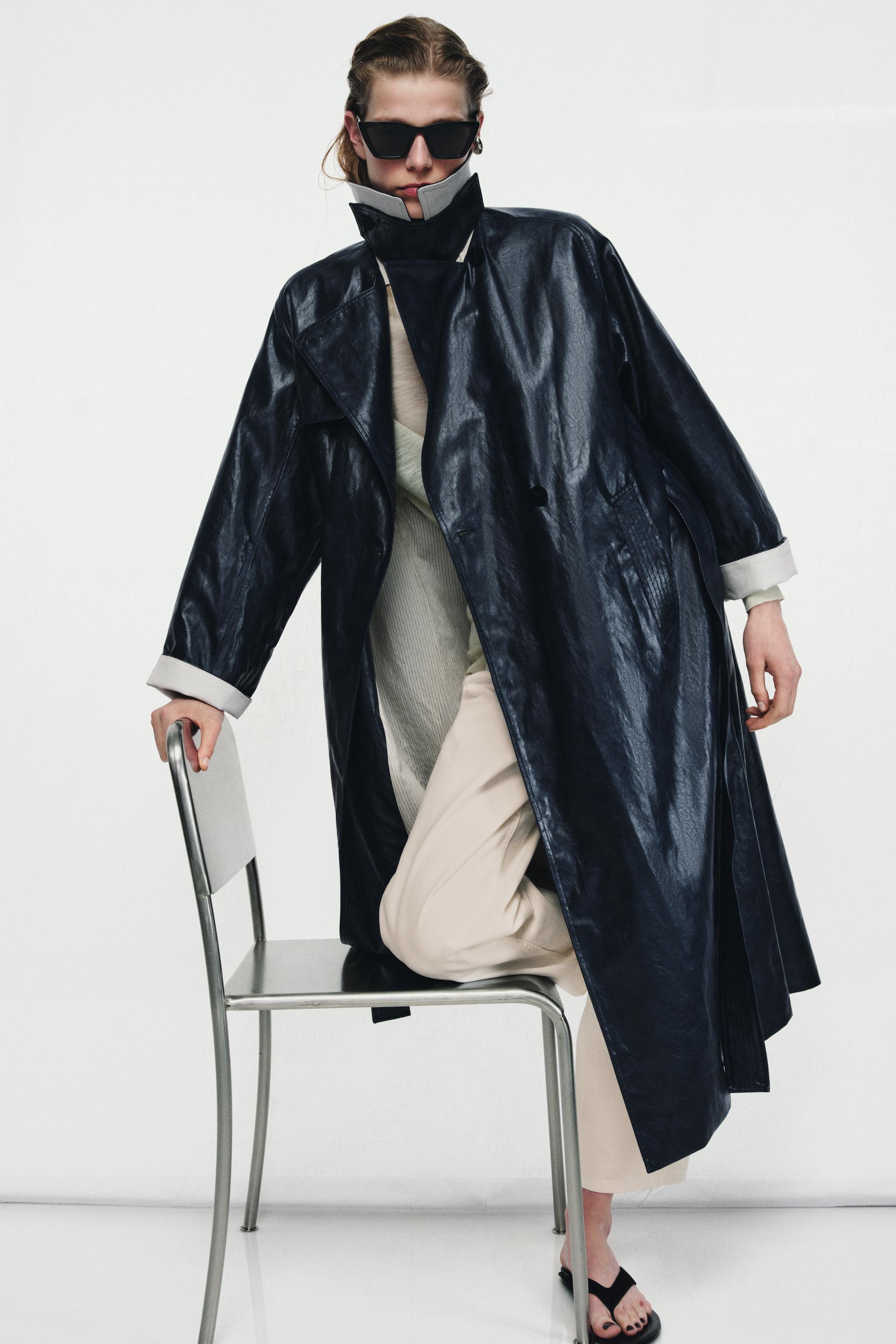 Oversized Faux Leather Trench Coat Zw Collection