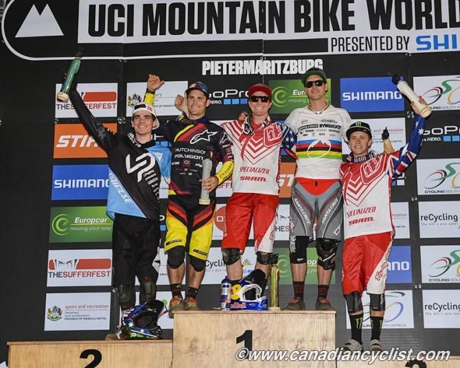 Elite men's World Cup downhill podium: L to R - Loic Bruni, Michael Hannah, Aaron Gwin, Greg Minnaar, Troy Brosnan