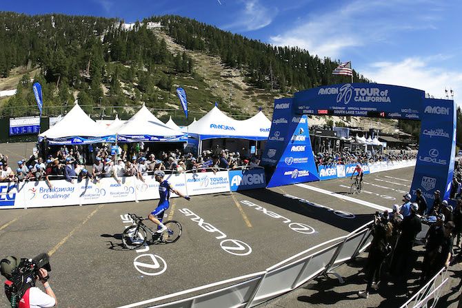 Kasper Asgreen (Deceuninck-QuickStep) celebrates winning stage 2 of the 2019 Tour of California at South Lake Tahoe