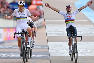 Lotte Kopecky and Mathieu van der Poel celebrate victory at the 2024 editions of Paris-Roubaix.