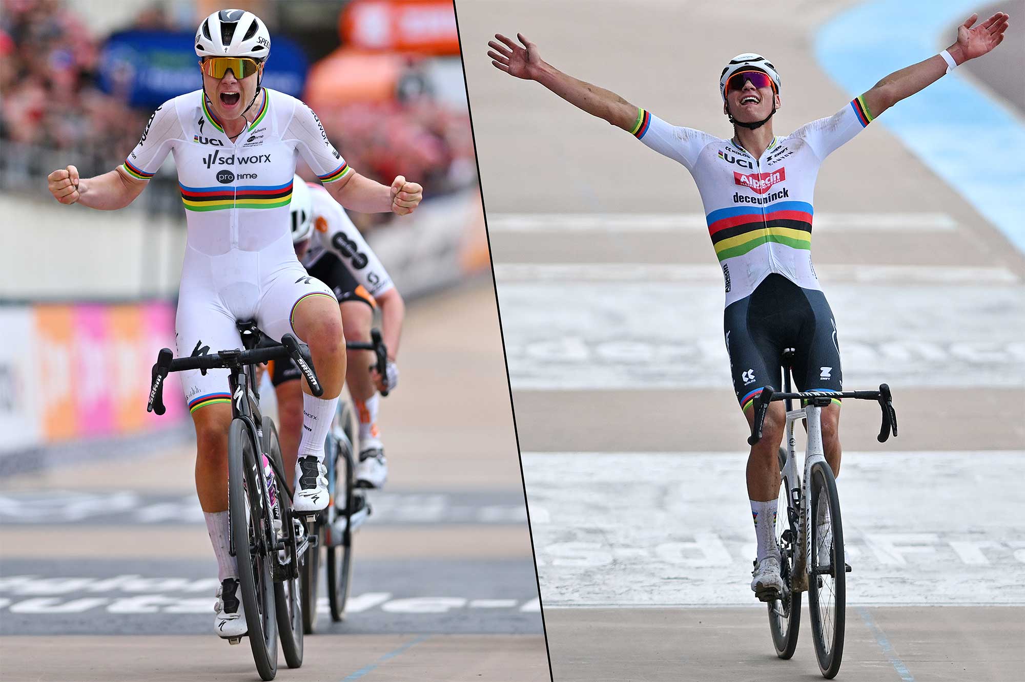 Lotte Kopecky and Mathieu van der Poel celebrate victory at the 2024 editions of Paris-Roubaix.