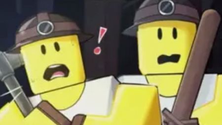 Two Roblox characters look scared as they mine in Subterra.