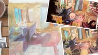 Painting of a bedroom scene, with an in-game screenshot