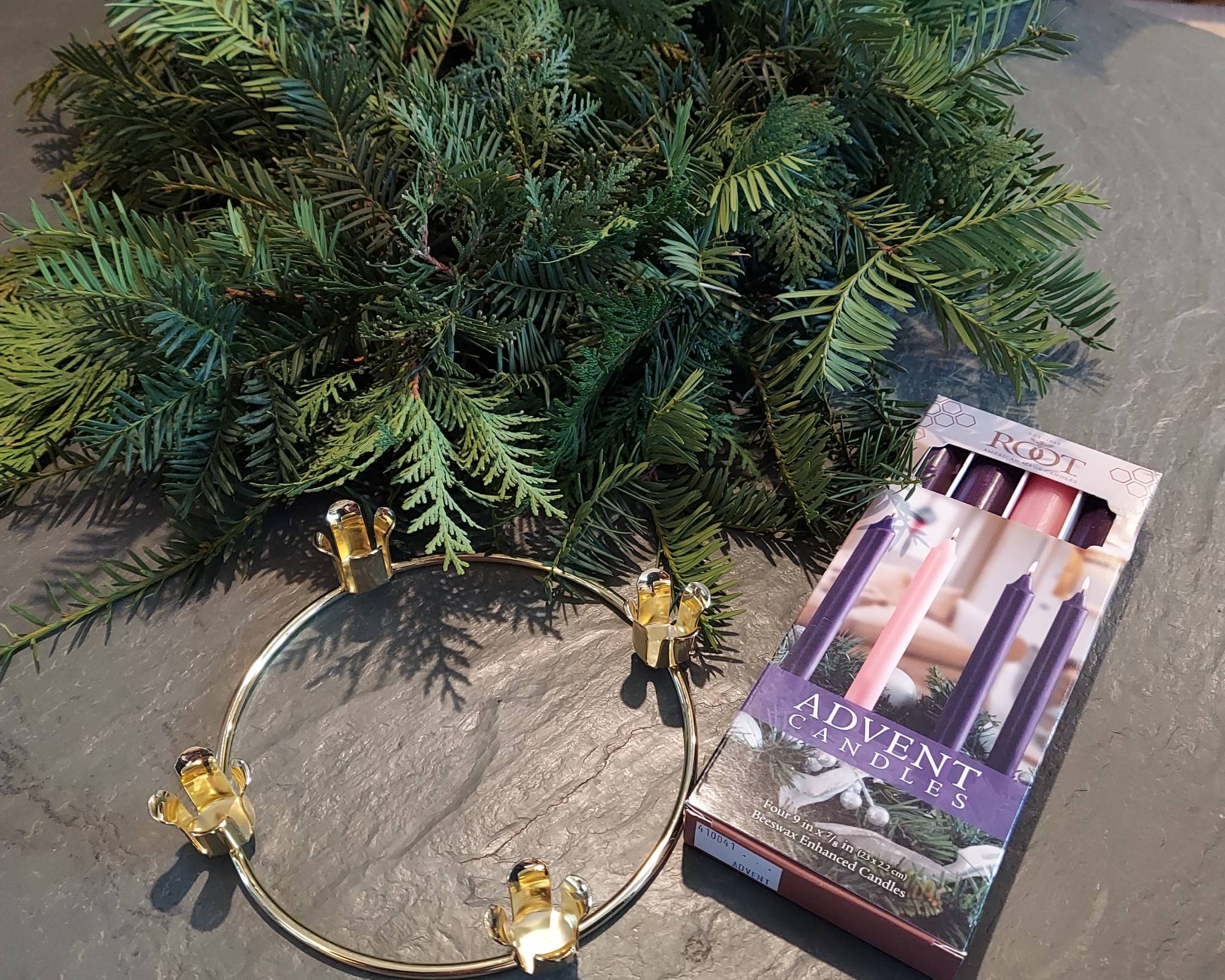Advent candles, candleholder ring, and evergreen advent wreath
