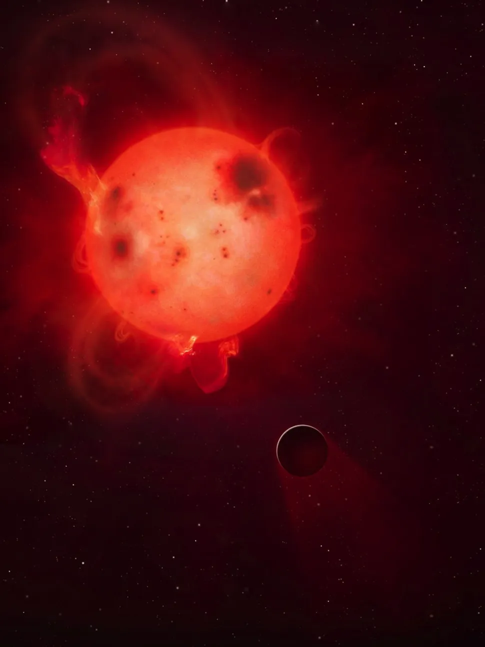 Concepção artística de Kepler-438b, planeta semelhante à Terra orbitando uma anã vermelha ativa.