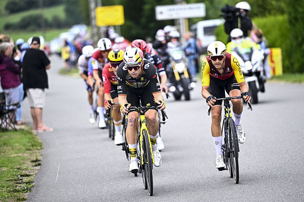 Belgian Wout van Aert of Team Visma-Lease a Bike and Belgian Dylan Teuns of Cofidis pictured in action during stage 20 of the 2025 Tour de France cycling race, from Nantua to Montpellier (185km), on Saturday 26 July 2025 in France. The 112th edition of the Tour de France starts on Saturday 5 July in Lille, France, and will finish in Paris, France on the 27th of July. BELGA PHOTO JASPER JACOBS (Photo by JASPER JACOBS / BELGA MAG / Belga via AFP)