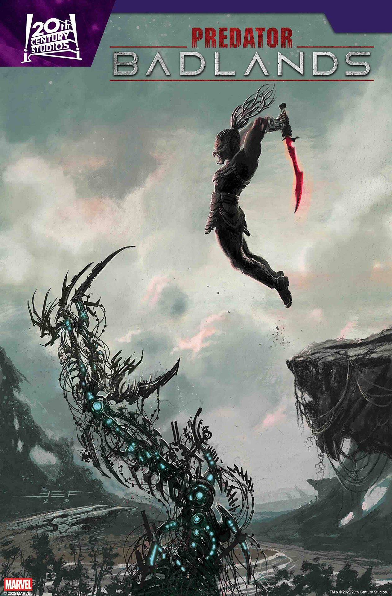 A Yautja warrior leaping at an alien monster with his sword raised