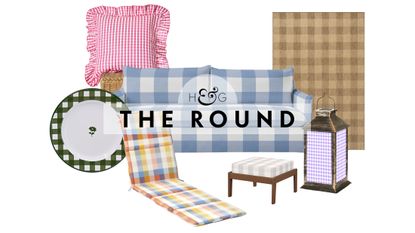 Gingham outdoor decor, including a ruffle-bordered cushion, melamine plate, Sundial sofa, rug, ottoman, and lantern, pictured against a white background.
