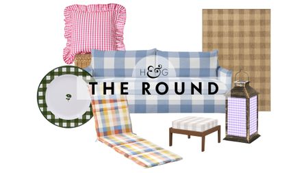 Gingham outdoor decor, including a ruffle-bordered cushion, melamine plate, Sundial sofa, rug, ottoman, and lantern, pictured against a white background.