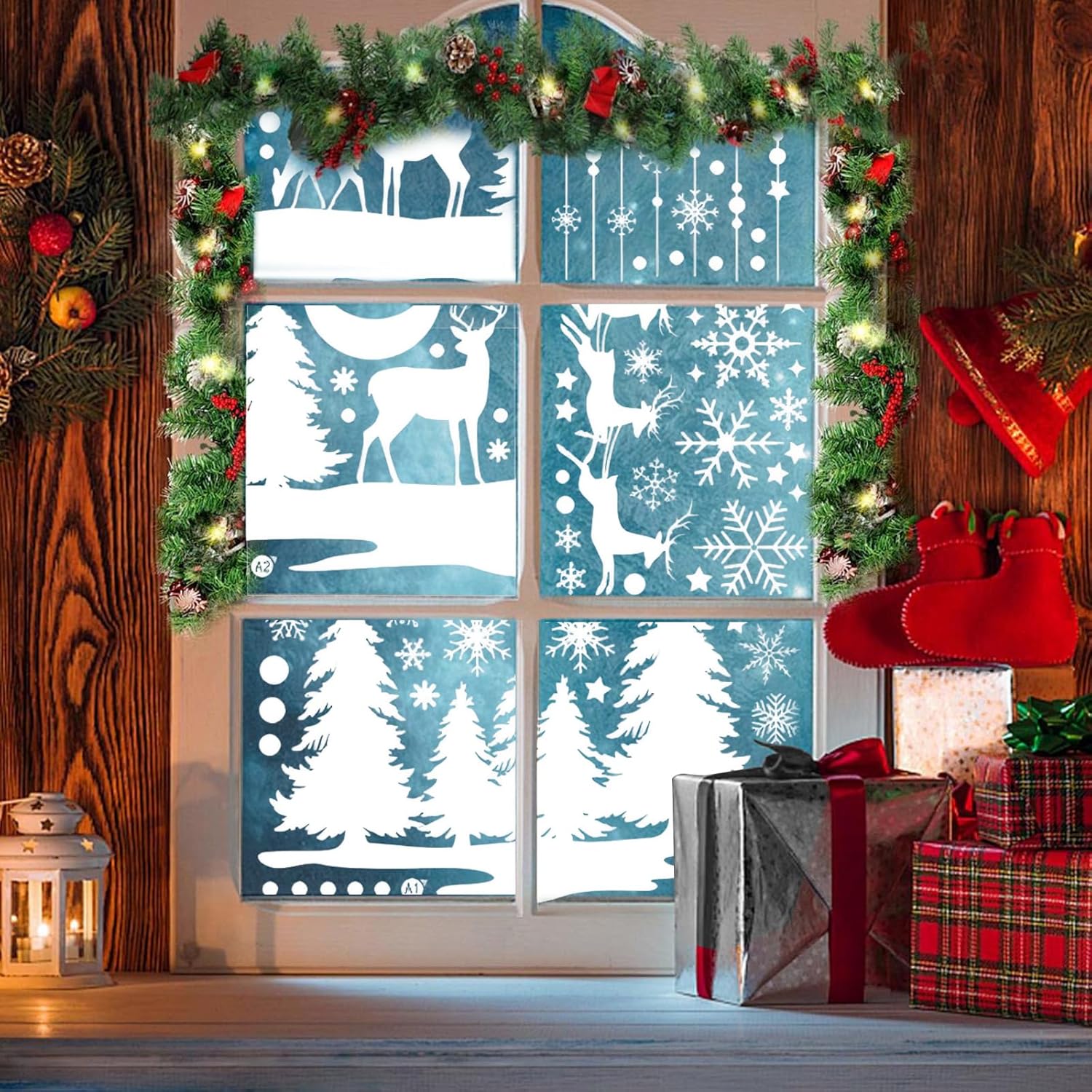 Reusable Christmas Window Stickers Large Christmas Tree White Reindeer Snowflake Decorations for Holiday Window and Door Displays (christmas Deer)