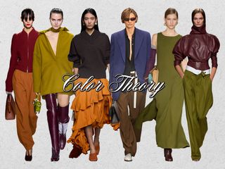 a collage showing the long haul fashion trend color blocking shown in the fall 2024 and spring 2025 runway shows of Dries Van Noten, Gucci, Michael Kors, Fendi, Victoria Beckham