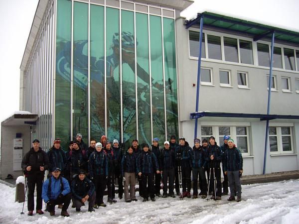 Team Vorarlberg-Corratec is about to set out on a hike in the Austrian mountains.