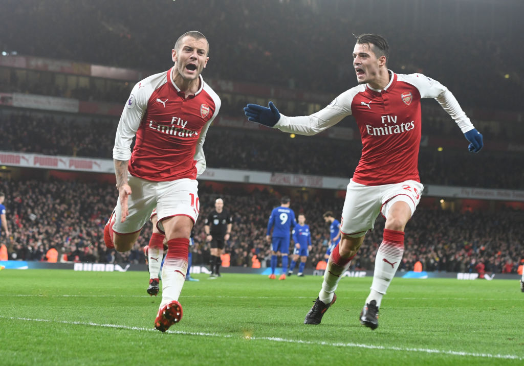 Arsenal&#039;s (L) Jack Wilshere celebrates his goal with (R) Grait Xhaka during the Premier League match between Arsenal and Chelsea at Emirates Stadium on January 3, 2018 in London, England.