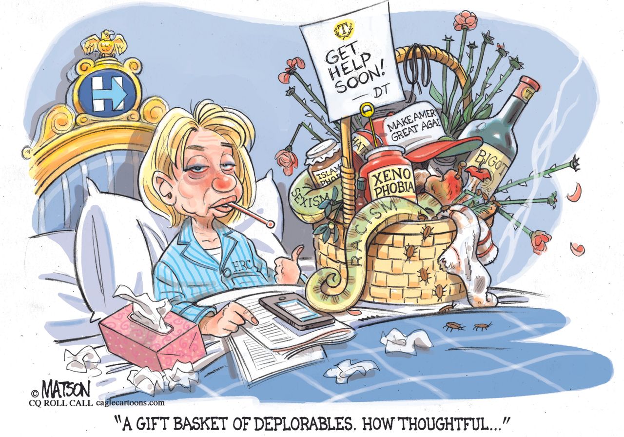 Political cartoon U.S. 2016 election Hillary Clinton a gift basket of deplorables