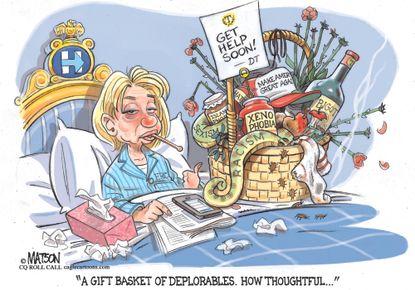Political cartoon U.S. 2016 election Hillary Clinton a gift basket of deplorables