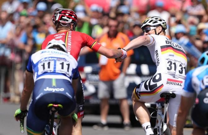 Marcel Sieberg and Andr&eacute; Greipel celebrate victory