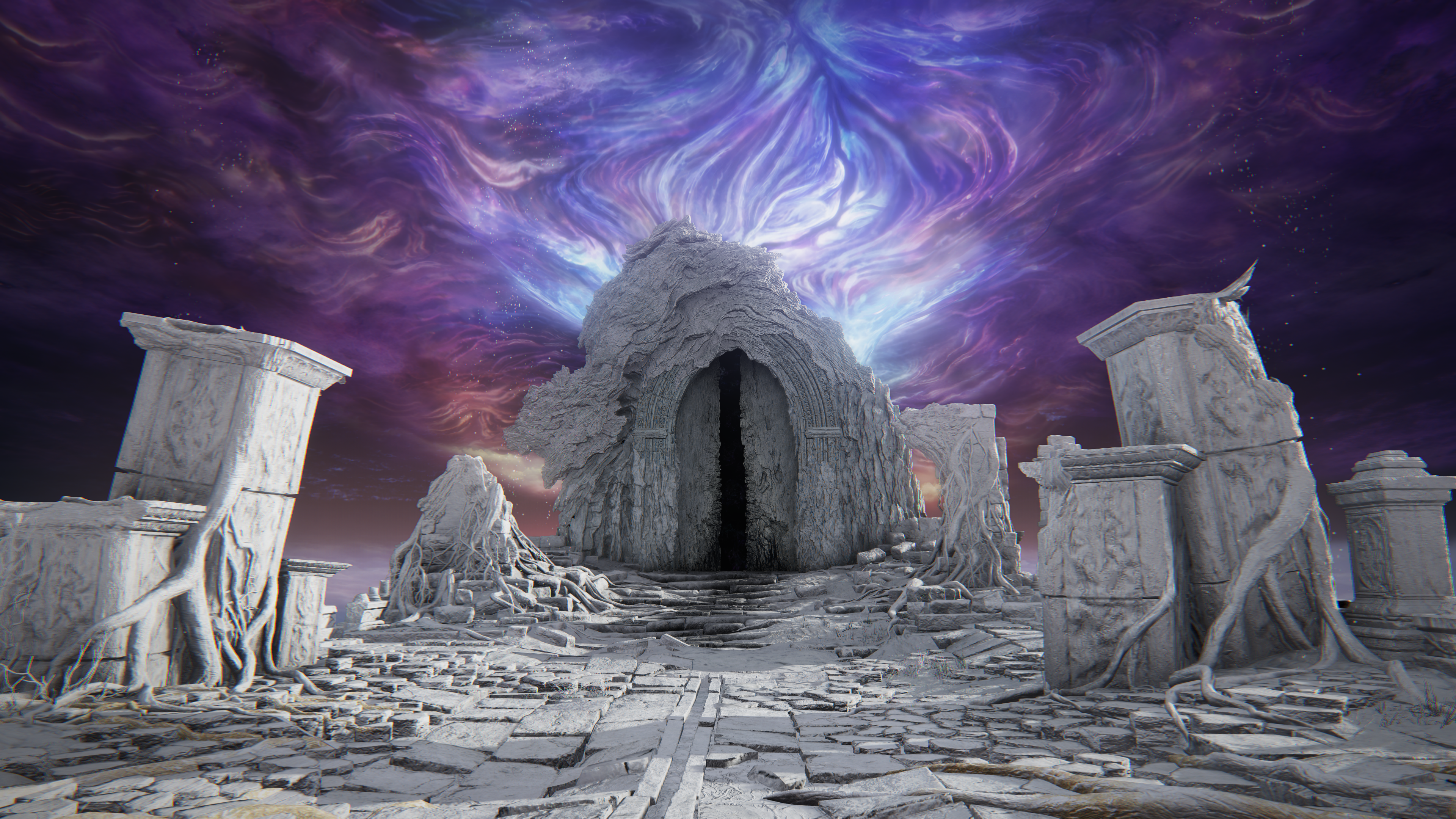 A stone doorway sits at the end of a petrified stone path in Elden Ring Nightreign