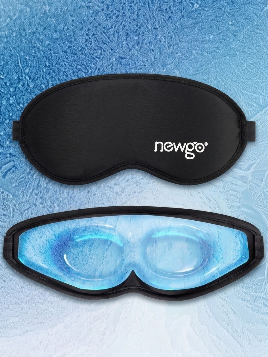 A NewGo Cooling Gel Eye Mask against a blue icy background edited by Gemini